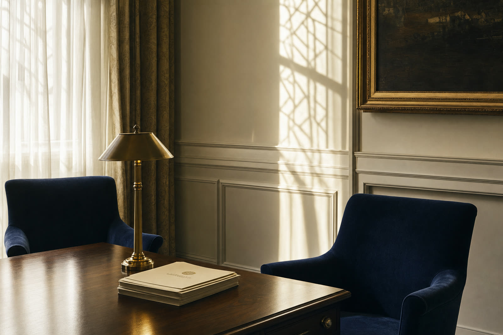 A quiet boardroom with navy velvet chairs and a brass lamp