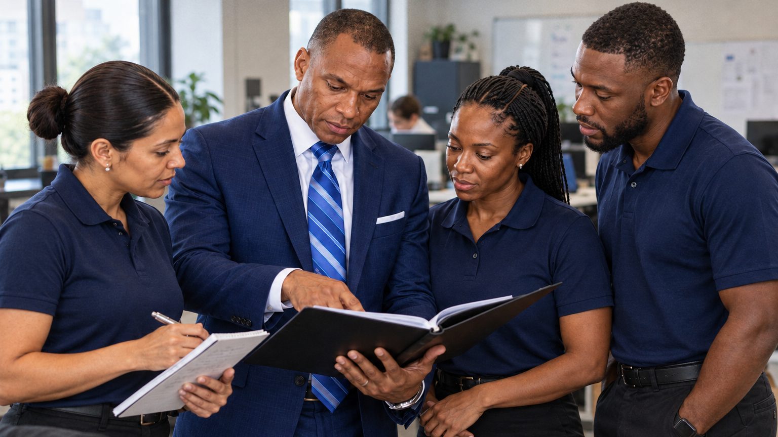 A manager briefing three team members in navy polos over a binder