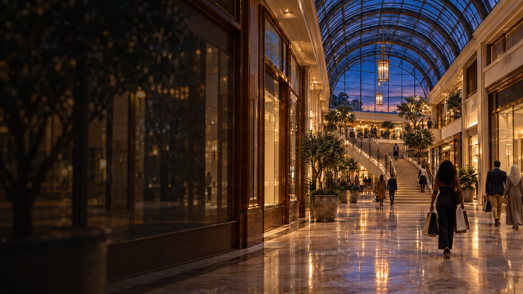 Shoppers, including a woman in a hijab, walking through an upscale mall under a glass skylight