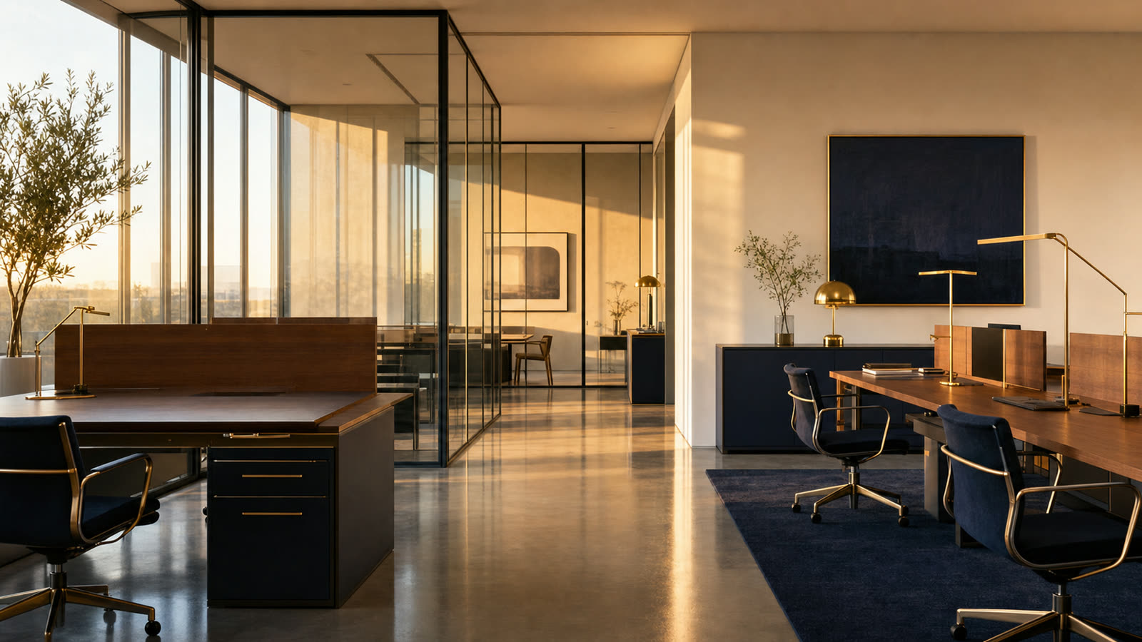 A pristine empty modern office at golden hour with polished concrete floors