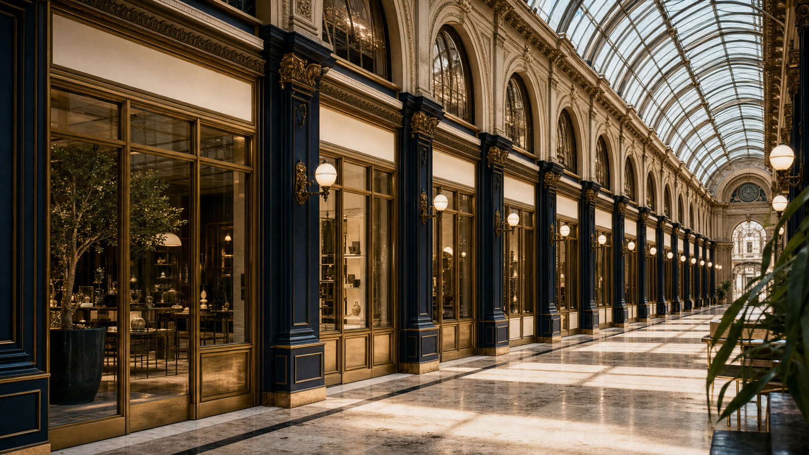 A bright upscale market hall arcade with brass-framed storefront bays and warm daylight