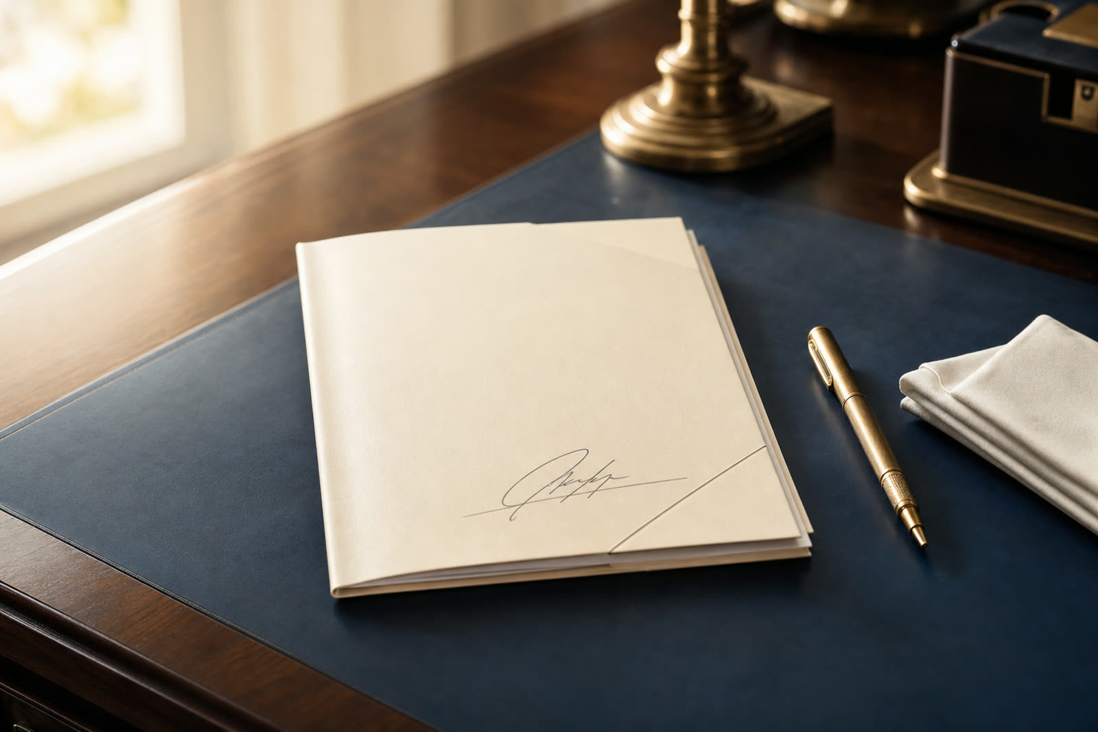 A signed contract resting on a navy leather desk blotter beside a brass pen and lamp
