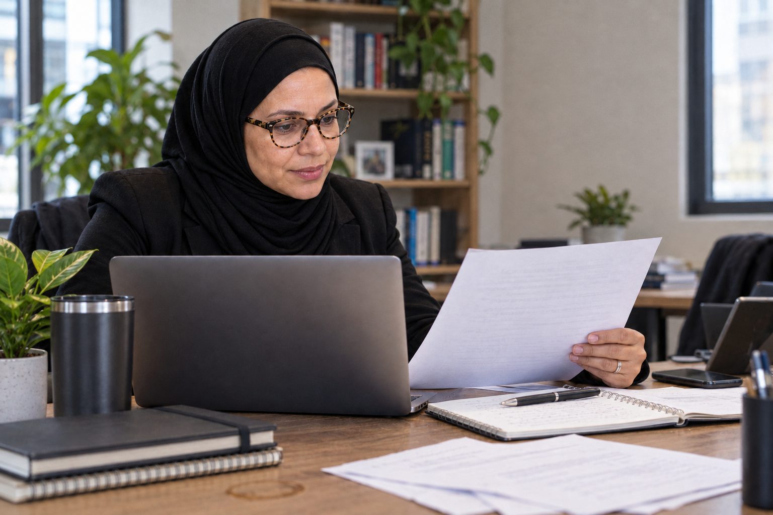 A consultant in a hijab reviewing a printed plan at her desk
